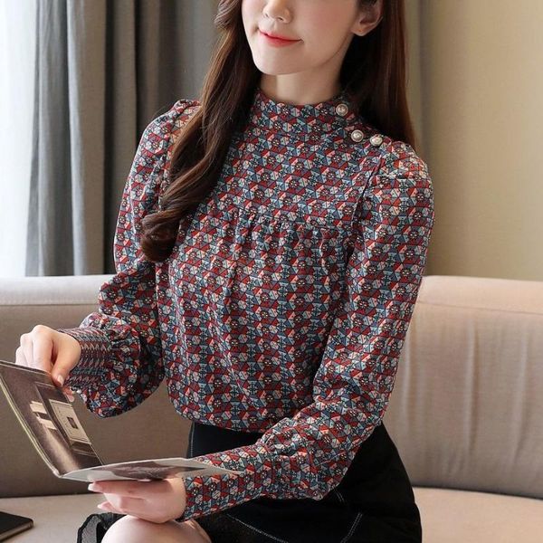 

women's blouses & shirts spring autumn style women fashion tenmperament long sleeve chiffon ruffle stand-up collar blusas mm0441, White