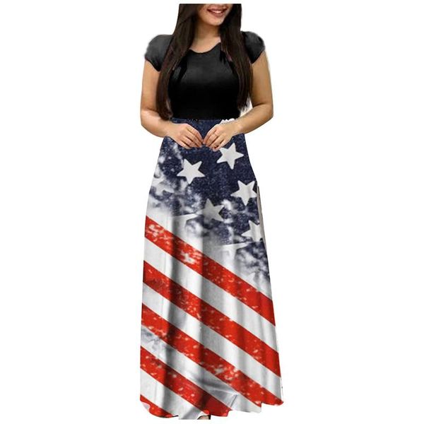 

casual dresses women independence day star stripe flag print maxi dress elegant summer o-neck loose long, Black;gray