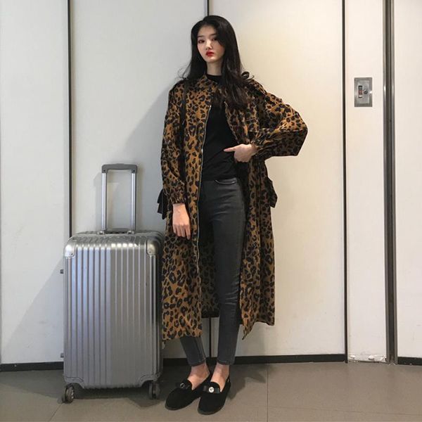 

women's trench coats [ewq] korea chic leopard coat autumn 2021 laple loose long sleeve windbreaker female fashion 16r245, Tan;black