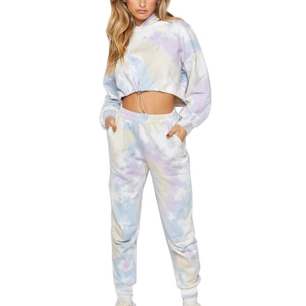 

women's two piece pants crop tie dye tracksuit + sets hooded womens long sleeve commute pullover elastic set waist sweatpant, White