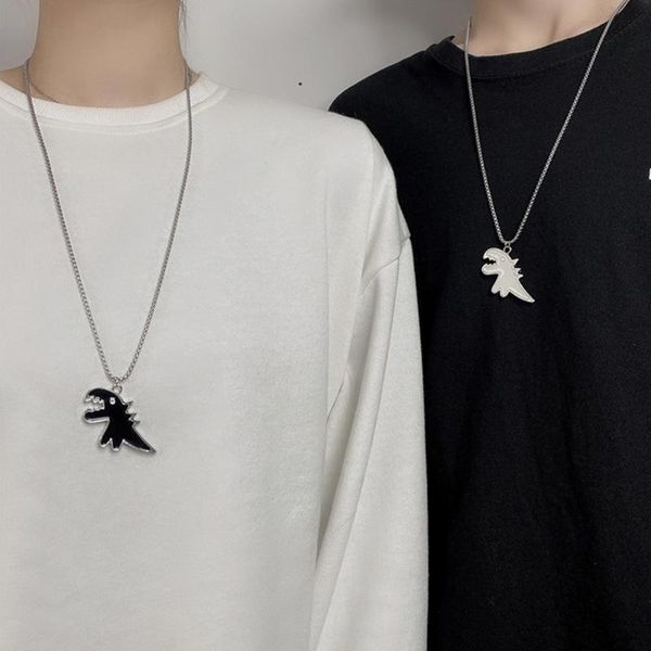 

pendant necklaces summer hiphop titanium dinosaur black white chunky necklace for women unique design animal jewelry, Silver