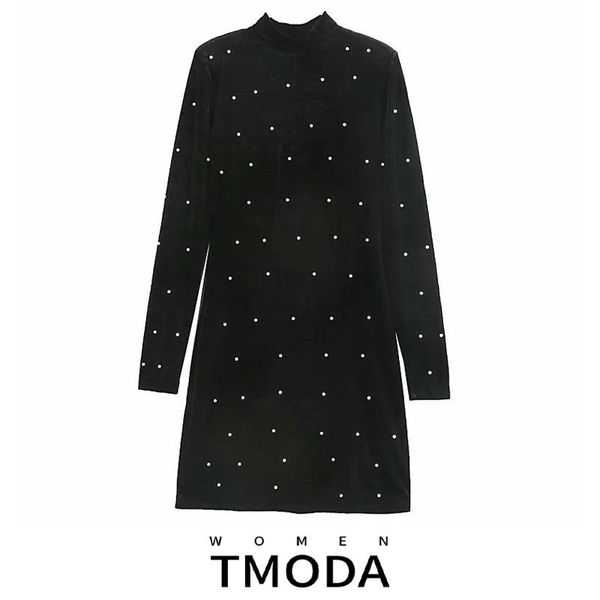 

casual dresses tmoda1619 2021 spring autumn women's beaded pearl velvet mini dress female round neck long sleeve slim fit heavy industr, Black;gray