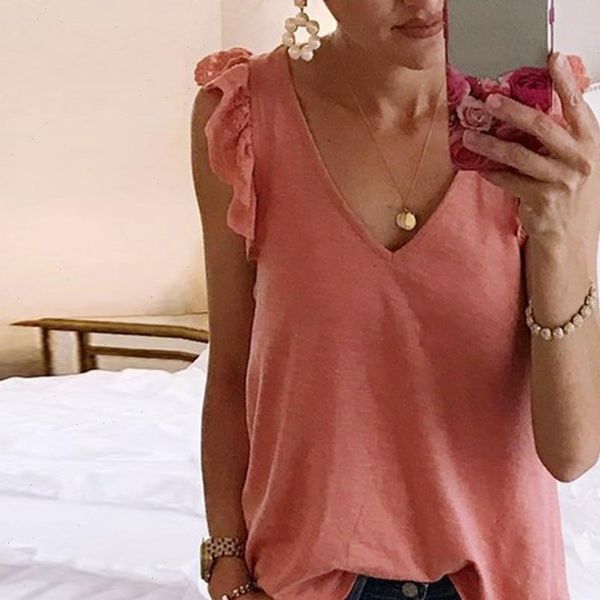 

v neck solid ruffles loose cami summer fashion tee womens shirt camisole tank vest female blusas, White