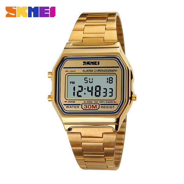 Sport Watch Homens Skmei Moda Mulheres Assista Homens Aço Inoxidável Aperta LED Display Relógios 3BAR À Prova D 'Água Relógio Digital Montre Homme Relosjes Relogioes