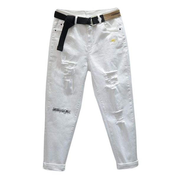 

women's jeans hole white female spring and summer feet elasticity high waist 9 points harem pants loose thin radish, Blue