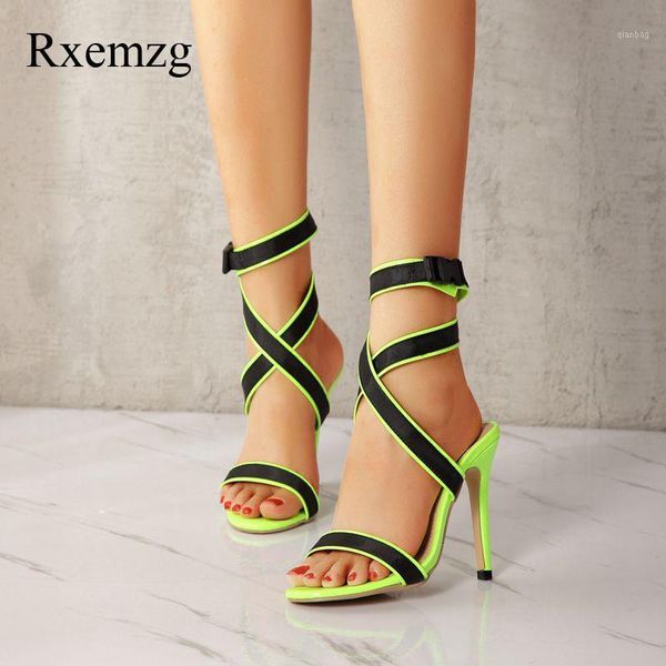 

rxemzg mixed color super high heels sandals women fluorescent green ankle strap shoes woman peep toe thin party1, Black