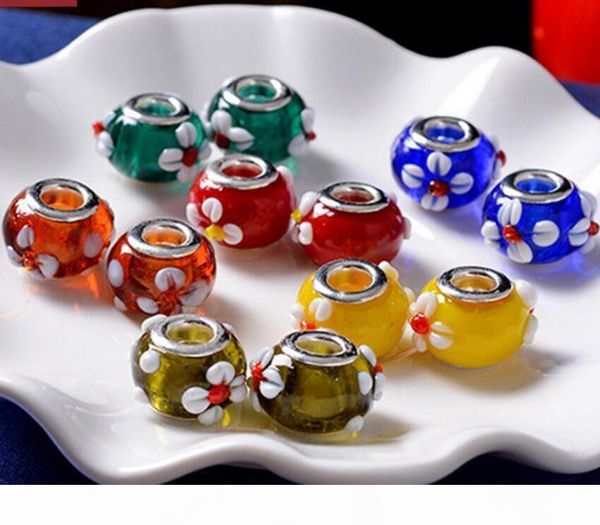 

100pcs lot fashion round flower lampwork glass big hole beads fit european charm bracelet diy jewelry gift gb01, Black