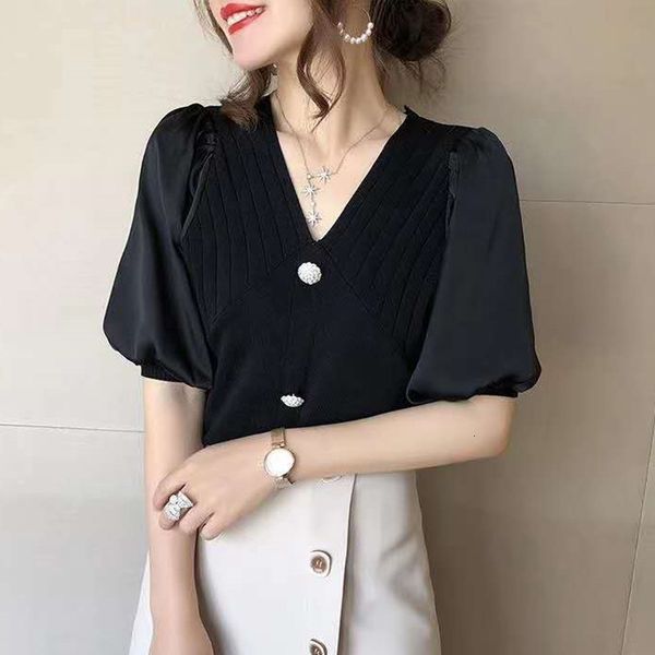 

2021 new v-neck buttoned up blouses with half sleeve harajuku white shirt women halter blouse autumn 5bez