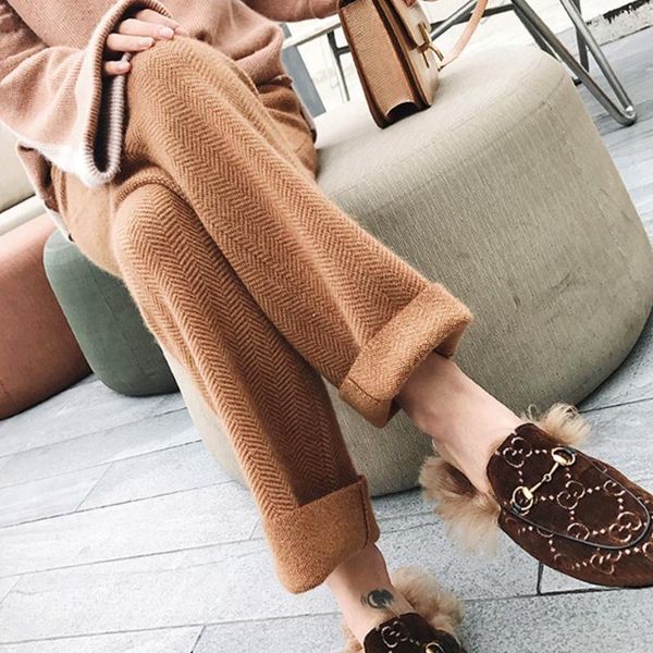 

women's pants & capris 2021 women autumn winter stripted woolen pant female elastic high waist loose wide leg lady casual straight trou, Black;white