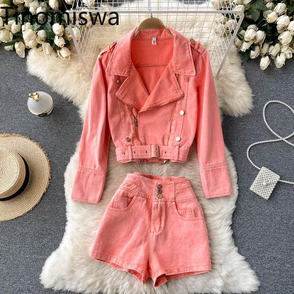 

women's tracksuits tinomiswa denim shorts sets women two piece set autumn long sleeve jeans jackets high waist short pants korean style, Gray