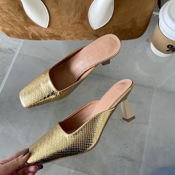 

shoes mules for women 2021 med ladies' slippers thin heels square toe pantofle luxury slides new designer fabric rubber pu fashi, Black