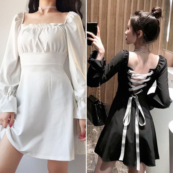 

new solid color chiffon dresses summer square collar women long sleeve lace-up ruffles backless dress high waist dress, Black;gray