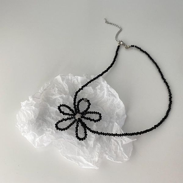

pendant necklaces allme temperament black colour hollow floral necklace for women ladies beaded chokers fairy accessories, Silver