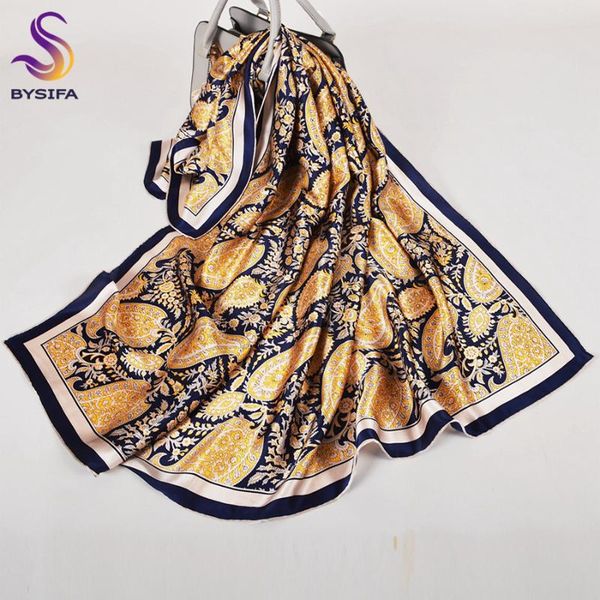 

scarves bysifa|navy blue gold pure silk shawl scarf women fashion big plaisley design natural fall winter luxury neck, Blue;gray