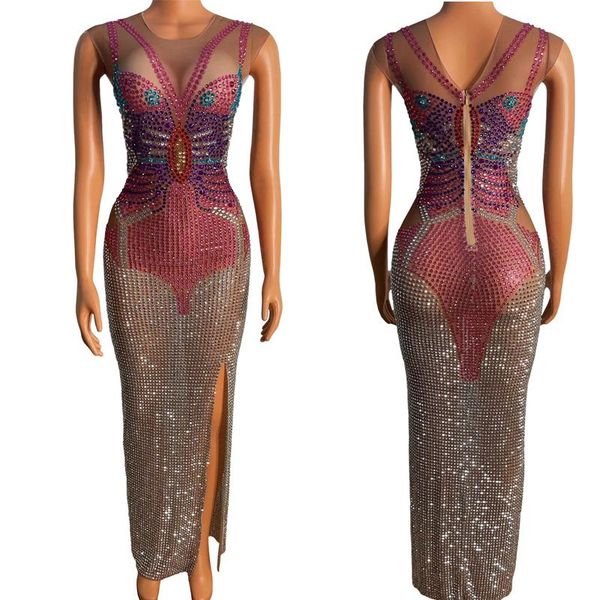 

stage wear sparkly flower butterfly rhinestone dress transparent mesh long evening dresses birthday celebrate costume xs3150, Black;red