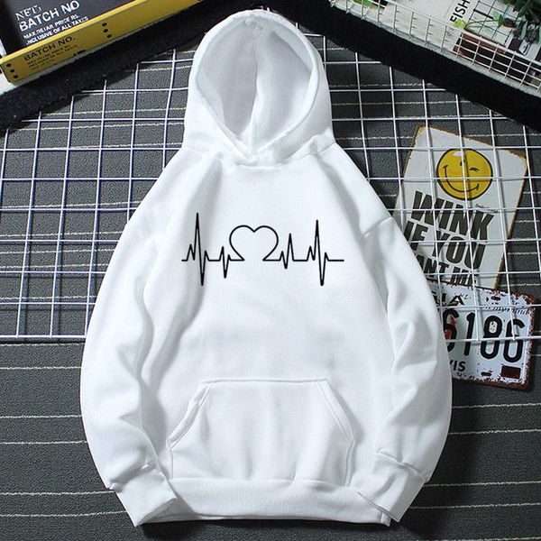 

women's hoodies & sweatshirts women heartbeat simple lines print fleece spring winter casual pullover sell lovely loose woman clothes, Black
