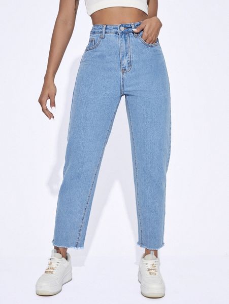 

high waisted raw hem jeans o4q6#, Blue