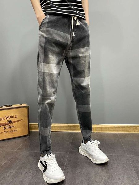 

net red jeans men's trendy plaid pants spirit boy pants men's spring thin korean small leg men's pants, Blue