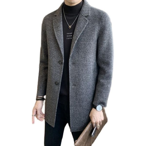 

autumn and winter wool double-faced cashmere thicker jackets casual long woolen coat steetwear windbreaker, Black