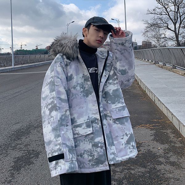 

2021 new winter men's warm fashion camo casual fur collar hooded short coat men clothes streetwear loose thick jacket mens parka 7cq2, Black