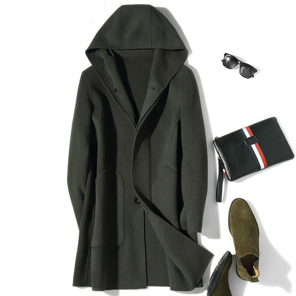 

men's wool & blends long double-sided coat men hooded spring autumn overcoat mens coats and jackets sobretudo masculino d24a069 kj3754, Black