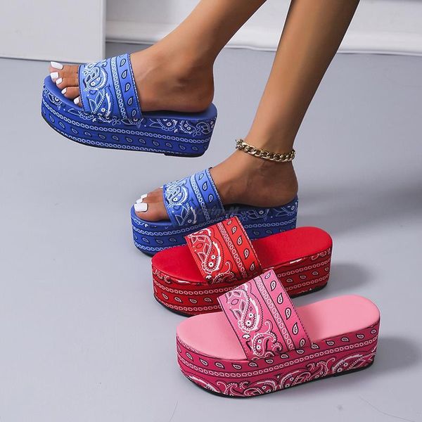 

sandals 2021 summer women platform wedge ethnic print thick sole outdoor beach slides retro design ladies shoes female leisure, Black