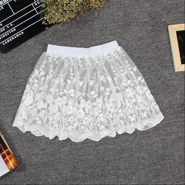 

women lace mesh floral embroidery skirt summer casual high waist elastic hollow out pencil see through short white skirt, Black