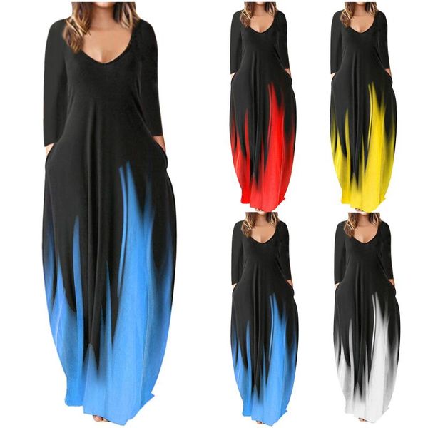 

casual dresses elegant sleeve maxi fashion v neck lace-up beach cocktail party dress women vintage printed plus size long, Black;gray