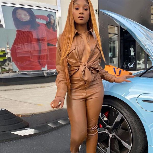 

wuhe women pu leather two piece sets lady's streetwear button turn-down collar shirts high waist skinny pants 2 piece set, White