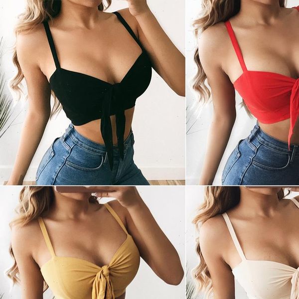 

2020 summer bow tie camis crop women girls solid short tanks sleeveless strap casual v neck camis vest, White
