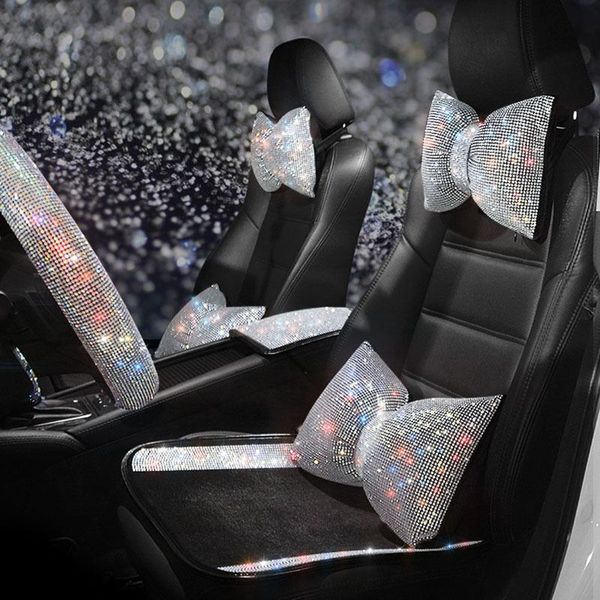 

seat cushions bling rhinestones car pillow set diamond bowknot girls headrest lumbar waist support neck rest protect cushion accessories