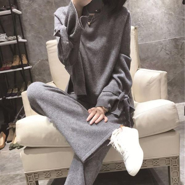 

women's two piece pants casual loose tracksuit women knitted lace up long sleeve sweater drawstring waist wide leg set, White