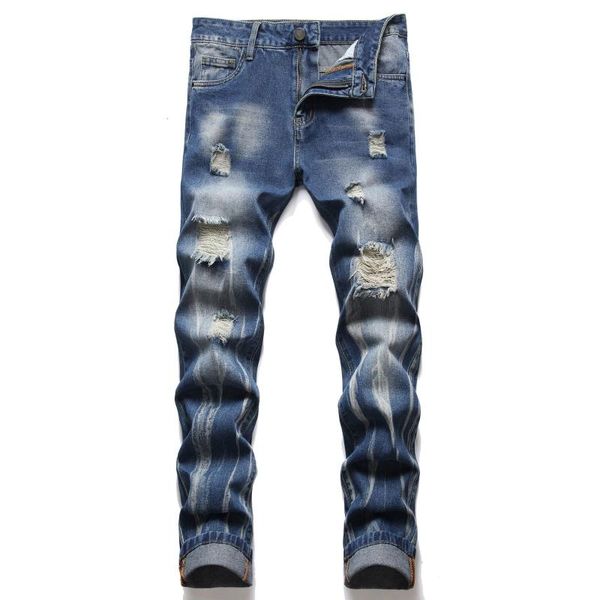 

men's jeans 2022 men 's loose hole teenagers ripped leisure, Blue