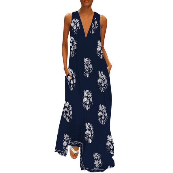 

casual dresses women vintage v neck sleeveless boho floral summer retro dress 2021 sundress maxi vestidos vestido robe femme party, Black;gray