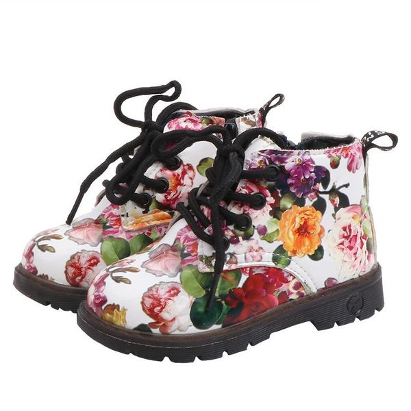 

fashion flower printing children shoes girls boots pu leather cute baby boots ankle kids girl shoes, Black;grey
