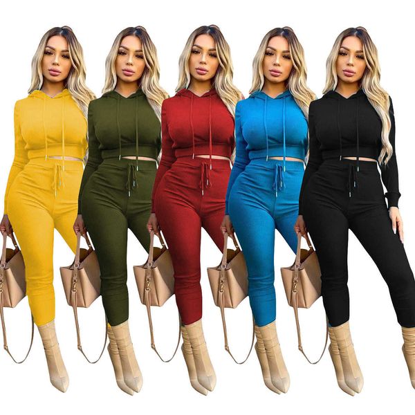 

women's two piece pants outfits casual solid rib hooded sports fashion autumn dress in 5 colors, White