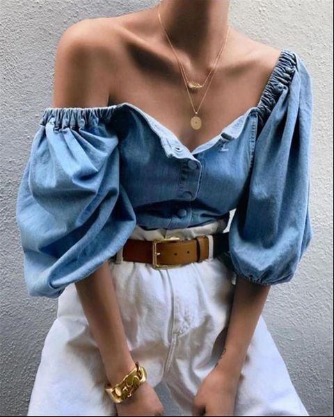 

2021 new women off shoulder denim long sleeve shirt t shirt clubwear slash neck buttons loose blouse t shirt, Gray