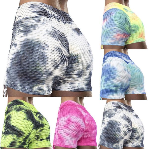 

casual fashion women spring and summer polyester hip high taille tie-dye printing rimples practice running shorts h4, White;black