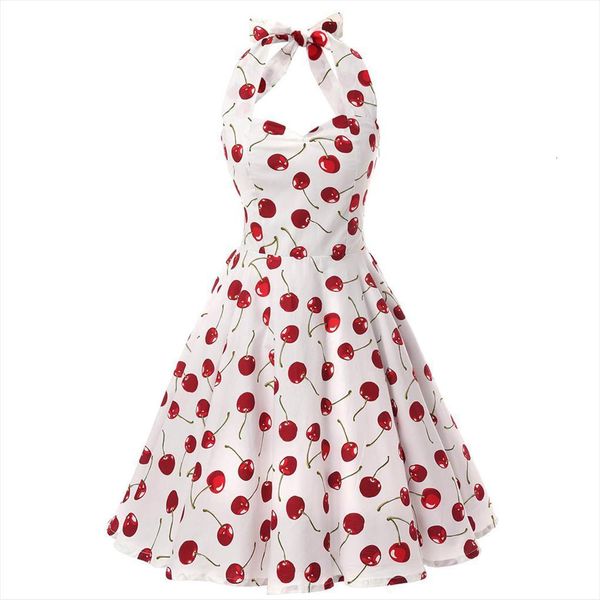 

halter pin up audrey women dress hepburn 50s 60s vintage short retro cherry print floral swing rockabilly summer, Black;gray