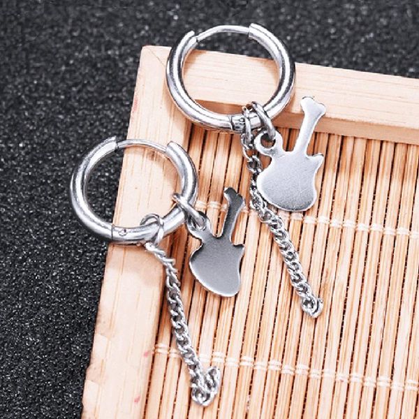 

dangle & chandelier silver color stainless steel hip hop guitar long earrings hoop ear studs for men