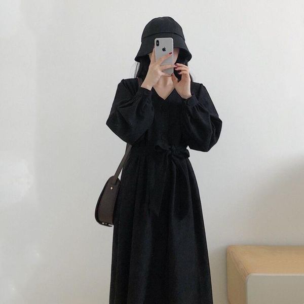 

casual dresses 2021 fashion autumn dress elegant bodycon french retro hepburn wind boho maxi black polka long korean style robe top, Black;gray