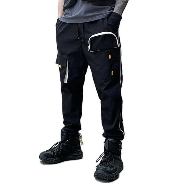 

men's pants side double article fashionable casual multi-function pockets joggers trousers street cargo style, Black