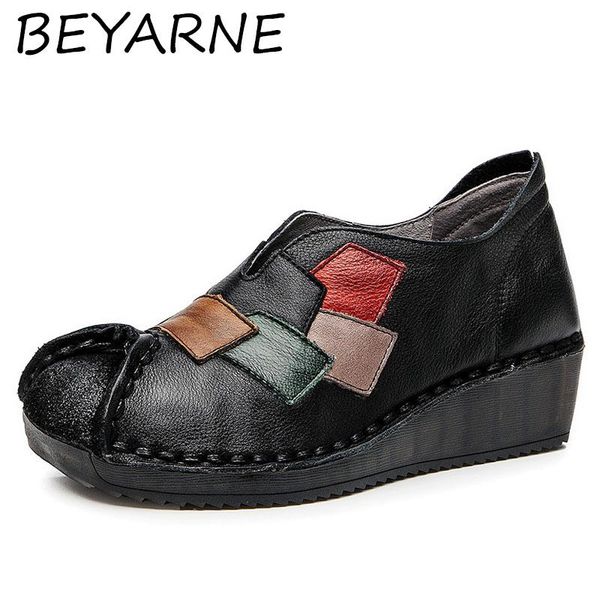 

beyarne autumn pumps women genuine leather shoes 2021 new retro round toe casual sewing wedges handmade ladies shoes, Black