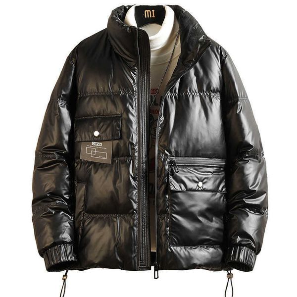 

men's down jacket, winter coat, warm stand collar, leather coated thick and shiny nylon cloth clothes, Black