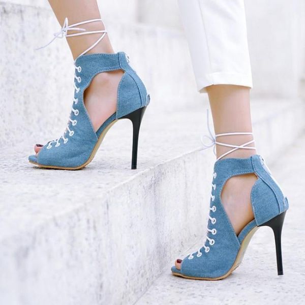 

sandals gadiator women summer 2021 cool boots cross strap denim high heels peep toe hollow outs blue shoes pumps, Black