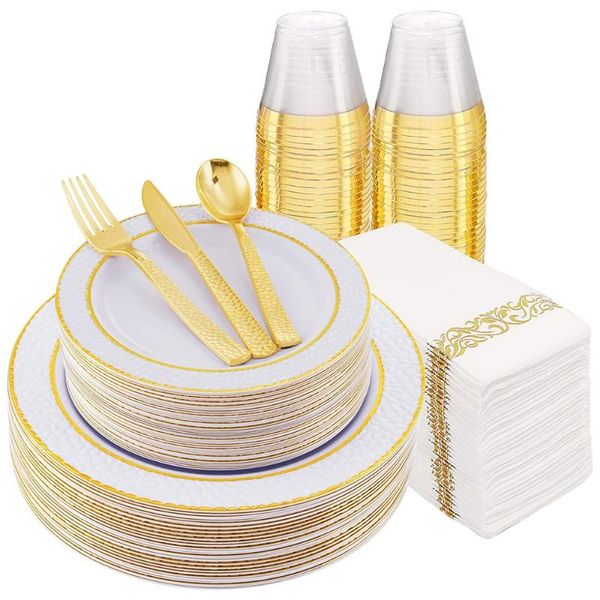 

disposable dinnerware 70 pcs tableware white plastic tray with gold rim golden silverware cup napkin combo wedding party supplies