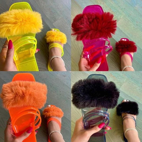 

2021 autumn/winter new women candy color transparent slippers square head hairy plus size crystal sandals home non-slip for you, Black