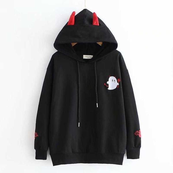 

harajuku hoodies girl little devil horns gothic hooded sweatshirts women autumn loose lolita pullovers black white t191118