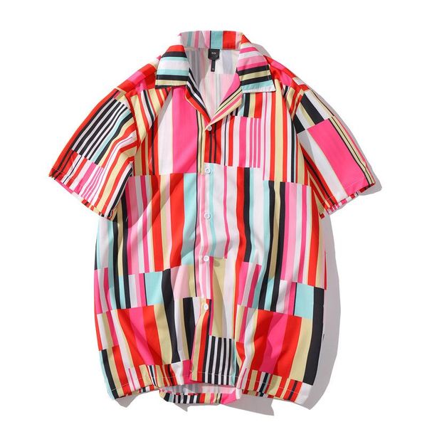 

men's casual shirts summer vintage rainbow striped printed hawaii shirt man hip hop streetwear hawaiian harajuku male short sleeve beac, White;black