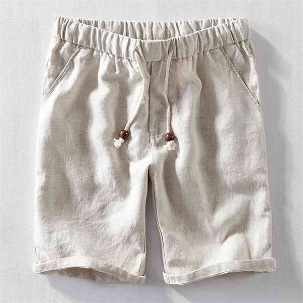 

men summer fashion japan style 100% linen elastic waist shorts male solid color simple casual slim daily pan 210712, White;black